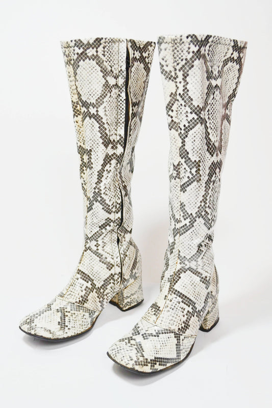 1960s Snakeskin Knee High Boots Vinyl Rock n Roll Kitten Heel Booties