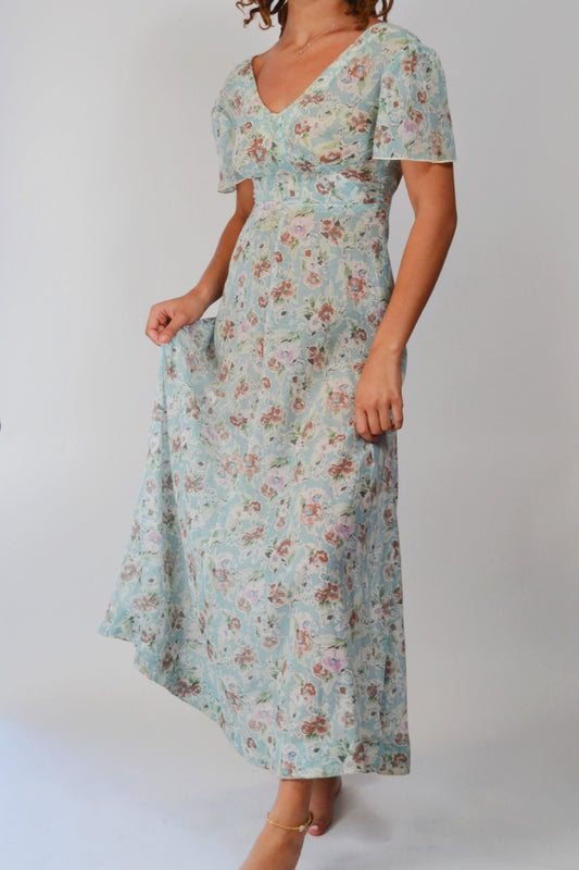 xs small - 1970s Floral Fairy Sheer Vintage Maxi Dress 1930s Inspired Spring Flower Dress