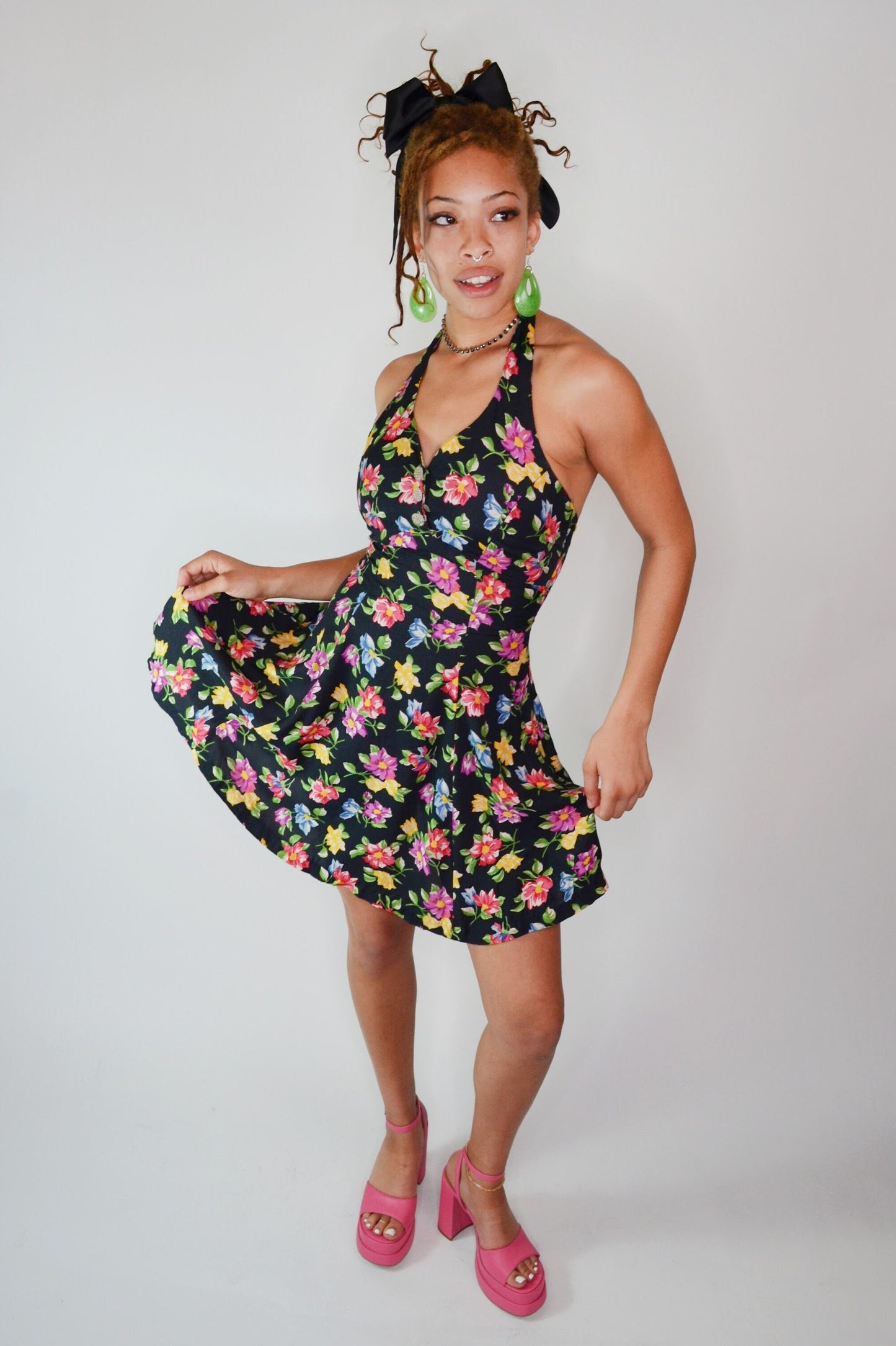 small - Vintage Betsey Johnson Floral Halter Dress Girlie Bright Flower Print Mini Dress