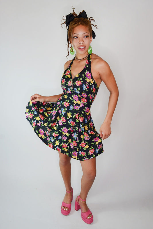 small - Vintage Betsey Johnson Floral Halter Dress Girlie Bright Flower Print Mini Dress