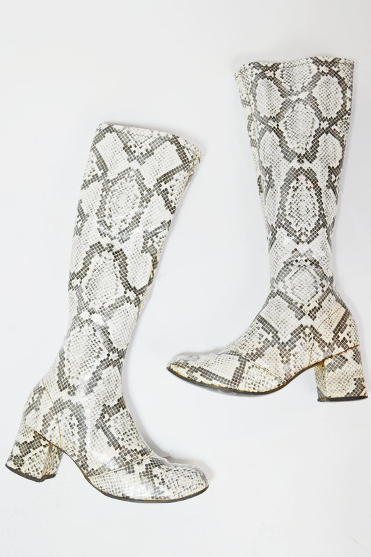1960s Snakeskin Knee High Boots Vinyl Rock n Roll Kitten Heel Booties