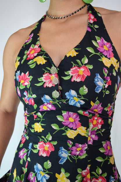 small - Vintage Betsey Johnson Floral Halter Dress Girlie Bright Flower Print Mini Dress