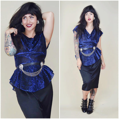SMALL MEDIUM 1970s Metallic Disco Dress Vintage 80s Party Cocktail Peplum Wiggle Power Dress