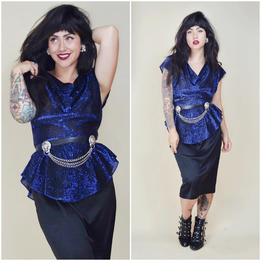 SMALL MEDIUM 1970s Metallic Disco Dress Vintage 80s Party Cocktail Peplum Wiggle Power Dress