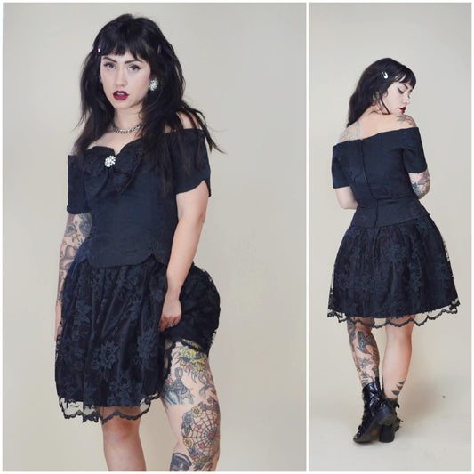 XS SMALL 1980s Jessica McClintock Black Lace Mini Dress Lydia BEETLEJUICE Goth Vibes