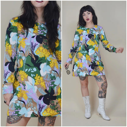 SMALL 1960s Floral Mod Mini Dress 60s Vintage Babydoll Long Sleeve Short Dress