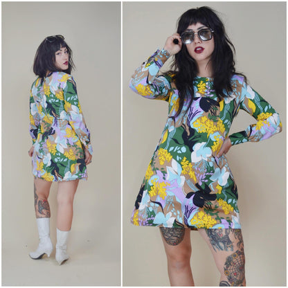 SMALL 1960s Floral Mod Mini Dress 60s Vintage Babydoll Long Sleeve Short Dress