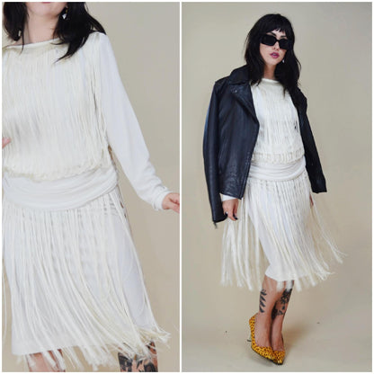 SMALL 1980s FRINGE Carwash Skirt White Dress Unconventional Wedding 80s Dance