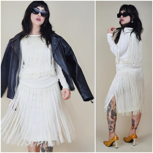 SMALL 1980s FRINGE Carwash Skirt White Dress Unconventional Wedding 80s Dance