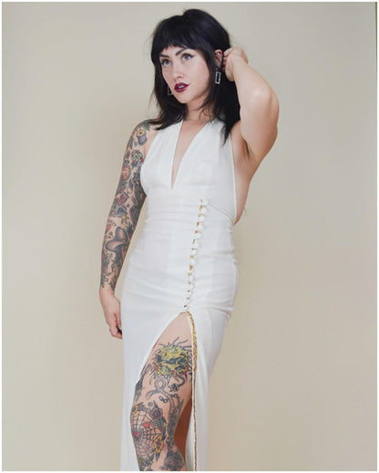 XS 1970s FREDERICK'S of HOLLYWOOD Long Halter Dress White and Gold Vintage Sexy High Slit Cocktail Dress