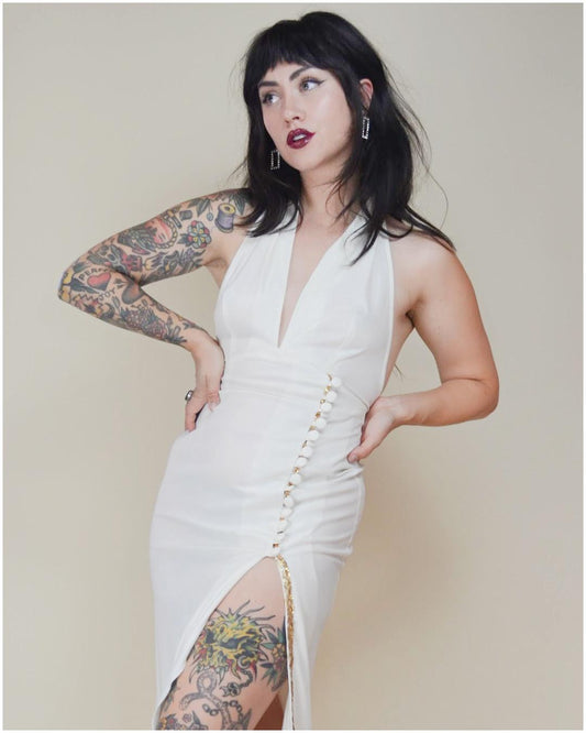 XS 1970s FREDERICK'S of HOLLYWOOD Long Halter Dress White and Gold Vintage Sexy High Slit Cocktail Dress
