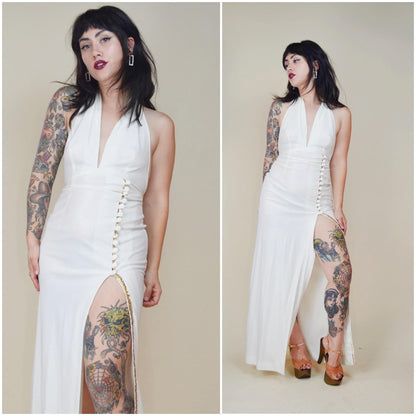 XS 1970s FREDERICK'S of HOLLYWOOD Long Halter Dress White and Gold Vintage Sexy High Slit Cocktail Dress