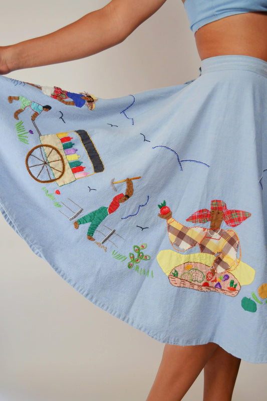 1950s Cotton Novelty Appliqued Handstitched Skirt Vintage 50s Circle Skirt