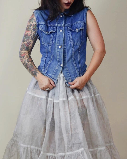 SMALL 1970s DENIM Cut Off Vintage Distressed Vest 70s VTG BachmanTurner Overdrive Rock Band
