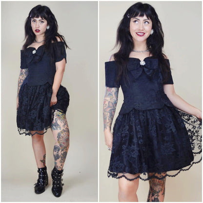 XS SMALL 1980s Jessica McClintock Black Lace Mini Dress Lydia BEETLEJUICE Goth Vibes