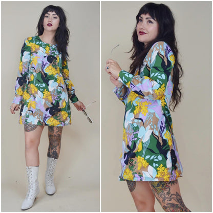 SMALL 1960s Floral Mod Mini Dress 60s Vintage Babydoll Long Sleeve Short Dress