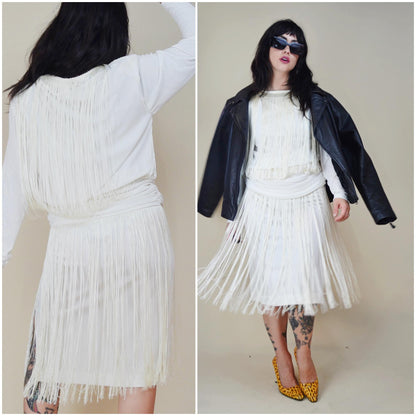 SMALL 1980s FRINGE Carwash Skirt White Dress Unconventional Wedding 80s Dance