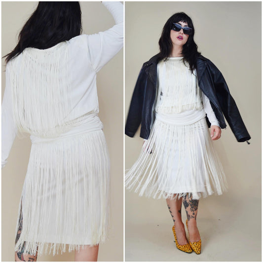 SMALL 1980s FRINGE Carwash Skirt White Dress Unconventional Wedding 80s Dance