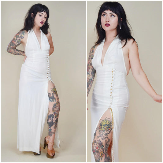 XS 1970s FREDERICK'S of HOLLYWOOD Long Halter Dress White and Gold Vintage Sexy High Slit Cocktail Dress