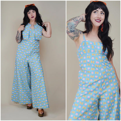 SMALL MEDIUM 1960s Two Piece Wide Leg COTTON Jumpsuit Vintage Funky Elephant Bells Vtg Wide Leg Floral