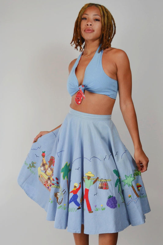 1950s Cotton Novelty Appliqued Handstitched Skirt Vintage 50s Circle Skirt