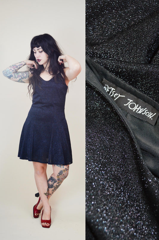 1990s Betsey Johnson Black Sparkly Dress Glitter NYE Mini Dress Party
