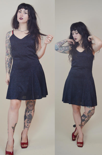 1990s Betsey Johnson Black Sparkly Dress Glitter NYE Mini Dress Party