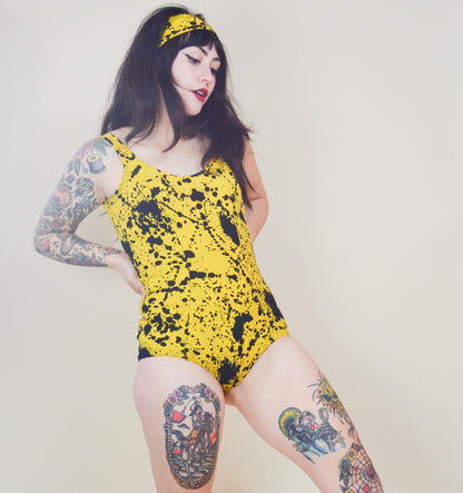 1960s Swimsuit Vintage Black and Yellow Paint Splatter Vintage 60s made in Sweden Set