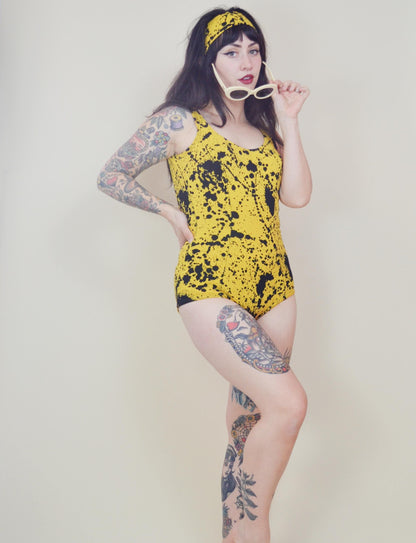 1960s Swimsuit Vintage Black and Yellow Paint Splatter Vintage 60s made in Sweden Set