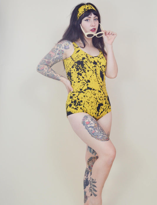 1960s Swimsuit Vintage Black and Yellow Paint Splatter Vintage 60s made in Sweden Set