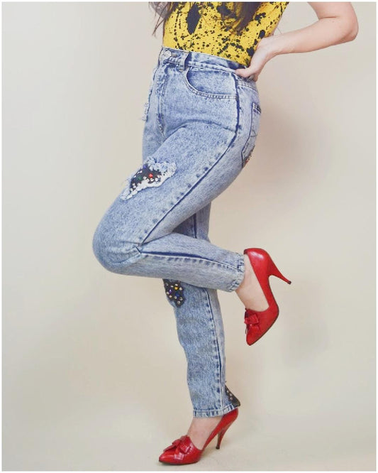 1980s vintage Acid Wash High Rise Jeans VTG Studded Denim Rocker Punk
