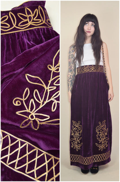 1960s Purple Velvet Maxi Skirt Gold Embroidery Renaissance Revival  XS