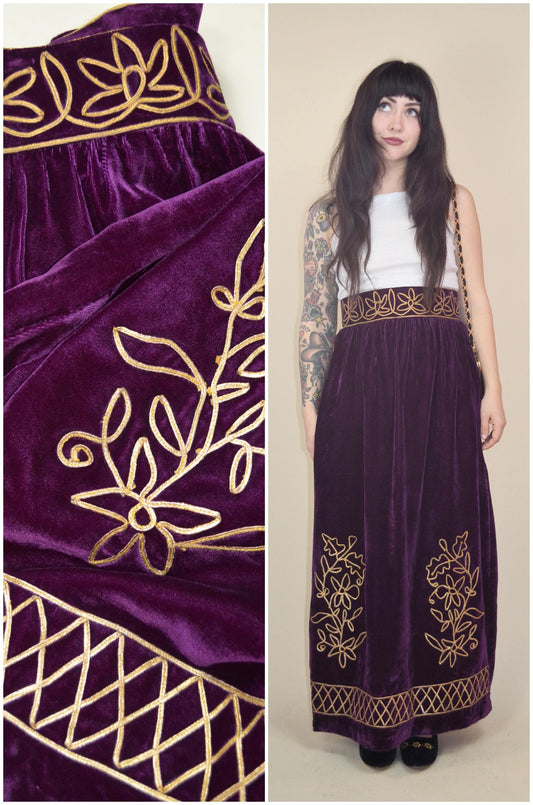 1960s Purple Velvet Maxi Skirt Gold Embroidery Renaissance Revival  XS