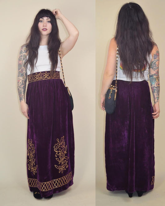 1960s Purple Velvet Maxi Skirt Gold Embroidery Renaissance Revival  XS