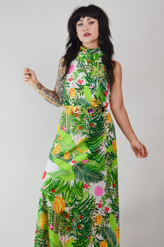1970s Vintage Jungle Print Maxi Dress - Small - Medium