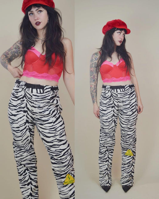 34" waist VINTAGE 1980s Zebra Print Ski Pants Vtg Snowpants Smile Pushers