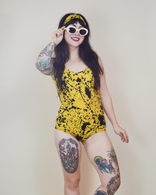1960s Swimsuit Vintage Black and Yellow Paint Splatter Vintage 60s made in Sweden Set