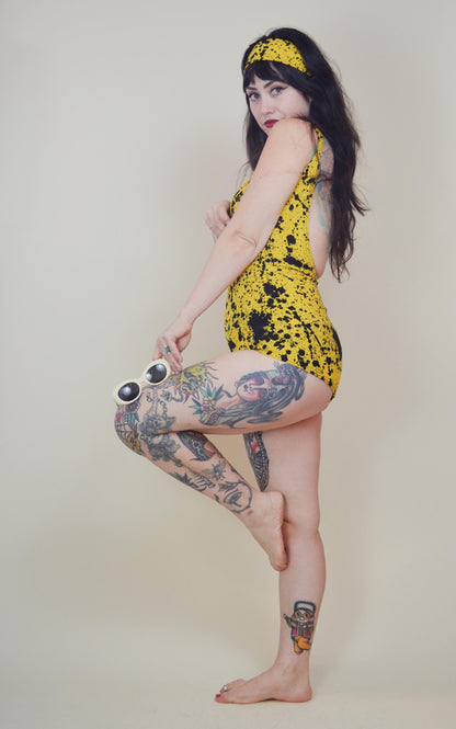 1960s Swimsuit Vintage Black and Yellow Paint Splatter Vintage 60s made in Sweden Set