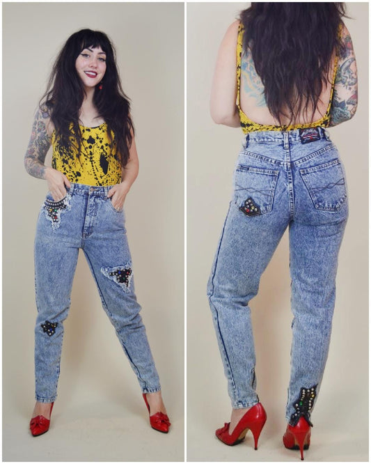 1980s vintage Acid Wash High Rise Jeans VTG Studded Denim Rocker Punk