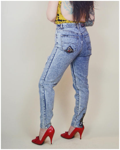 1980s vintage Acid Wash High Rise Jeans VTG Studded Denim Rocker Punk