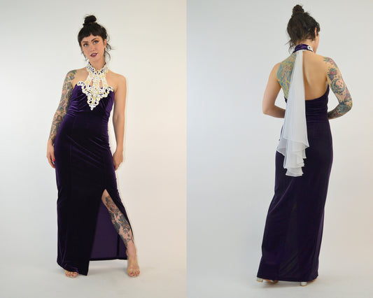 SMALL 1990s Velvet Maxi Dress Vintage Halter Dress 90s Prom Dress Fitted Purple Velvet