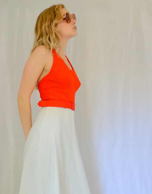 1970s | Small | Halter Dress Vintage Orange and White Sundress 70s Summer Maxi
