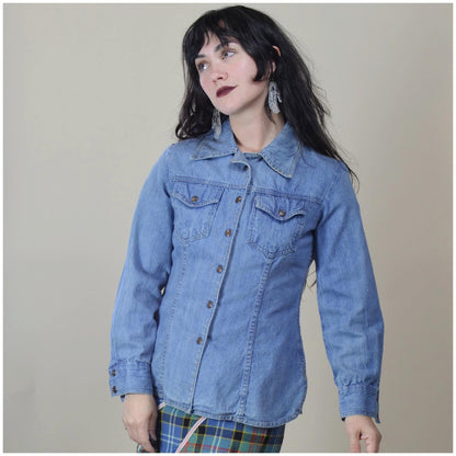 xs 1970s Denim Snap Button Shirt Light Denim 70s Cotton Shirt