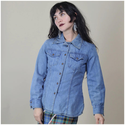 xs 1970s Denim Snap Button Shirt Light Denim 70s Cotton Shirt