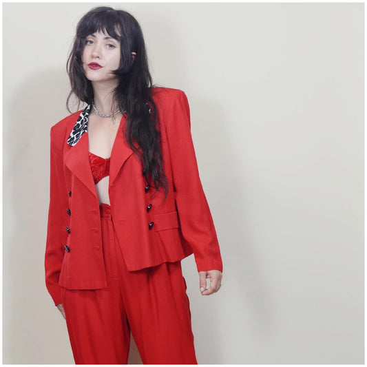 medium - 1990s Two Piece Suit Vintage Red and Leopard VTG 90s