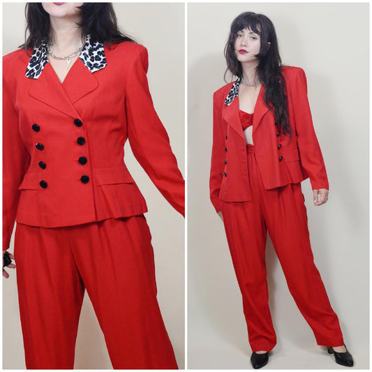 medium - 1990s Two Piece Suit Vintage Red and Leopard VTG 90s