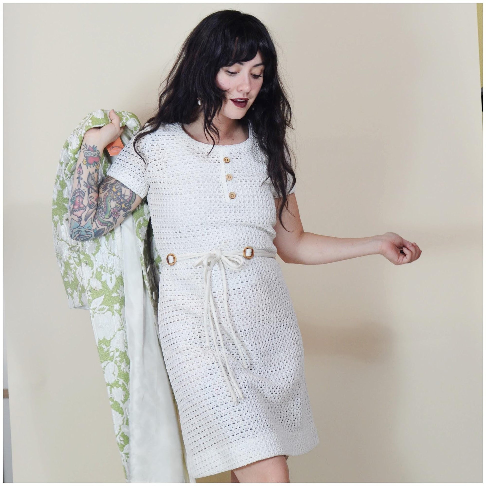 small 1960s Crochet White Shift Dress Vintage Open Weave Mini
