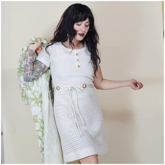 small 1960s Crochet White Shift Dress Vintage Open Weave Mini