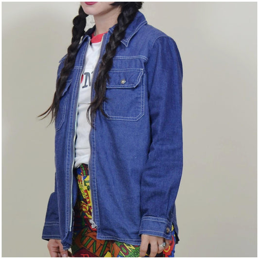 medium 1960s Blue Denim Chore Coat Jean Jacket Vtg 60s Jean Jacket Zipper Front