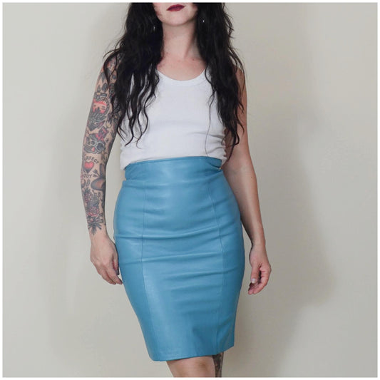 24 waist Fitted Leather Skirt Vintage 90s Coloured Leather Tight Leather Mini Skirt